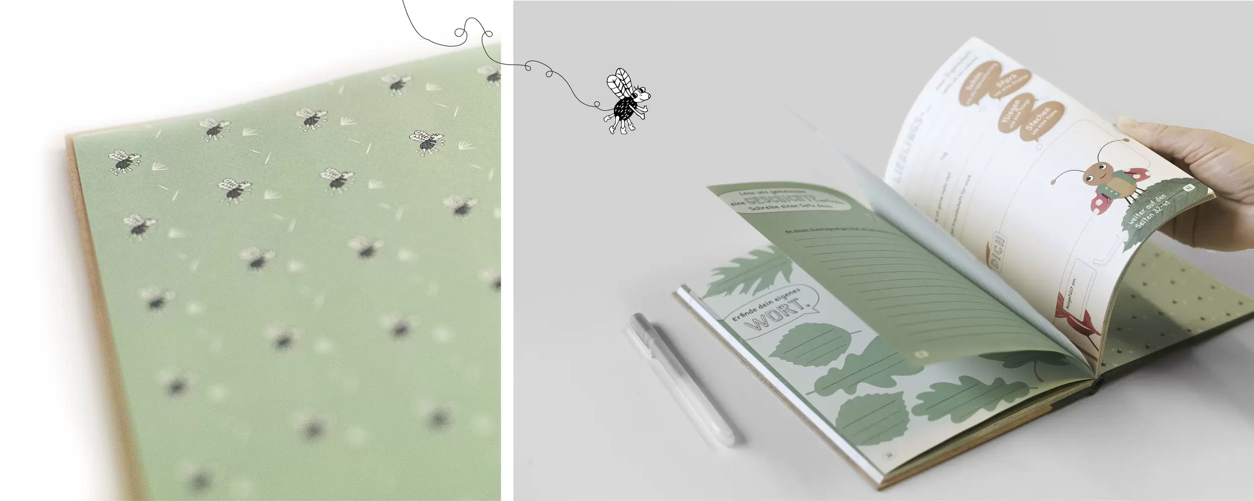 Vorsatzpapier mit Fliege (Illustration), Gestaltung Innenseiten, Spezialpapier – Das Freund:innenbuch, byminz Naturprodukte, Luzern
