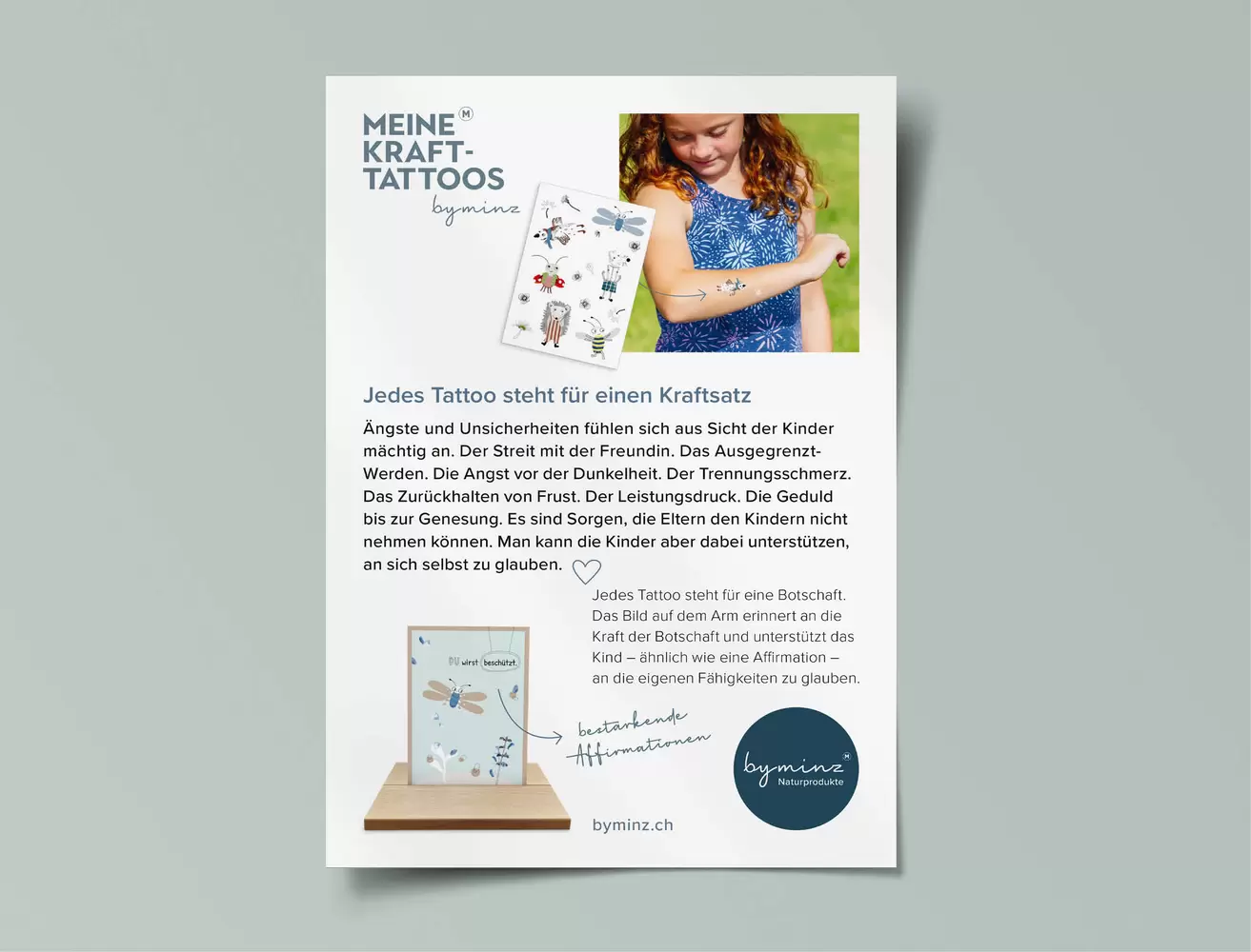 Infoblatt zu den Kraft-Tatoos und den Kraftsätzen, Kinder stärken – Kraft-Tattoos mit Karten und Kartenhalter, byminz Naturprodukte, Luzern
