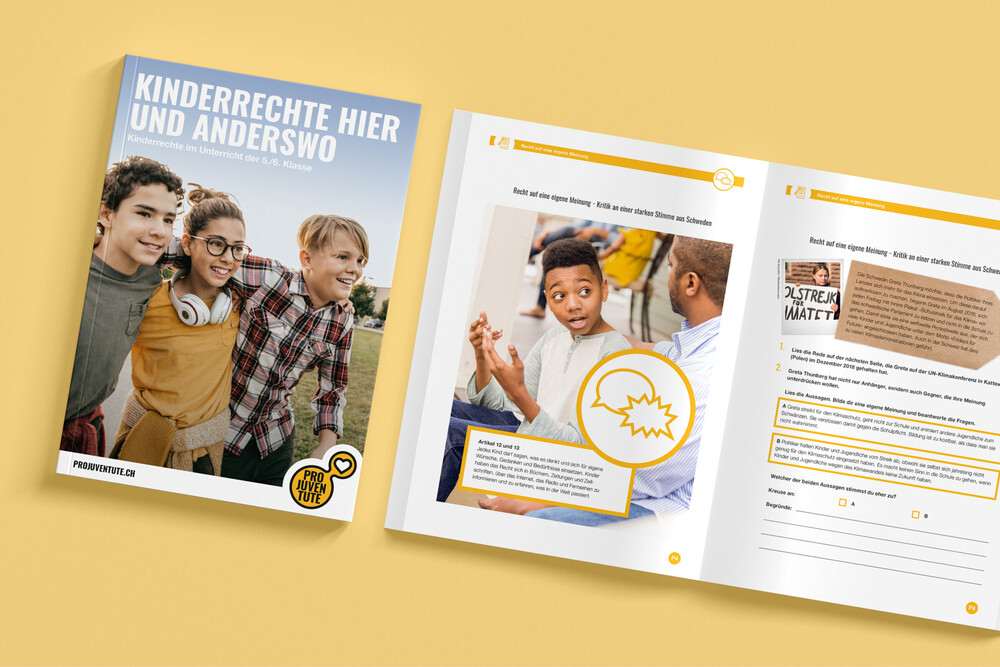 Cover und Aufgaben, Grafik – Pro Juventute Lehrmittel «Kinderrechte»