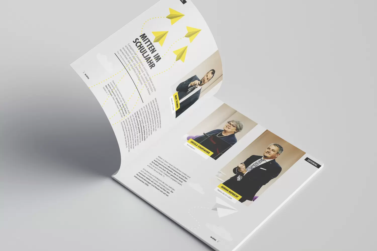 Gestaltung Innenseiten, Illustration, Portraits, typografische Gestaltung – Geschäftsbericht der Berufsfachschule des Detailhandels Bern (bsd. Bern)