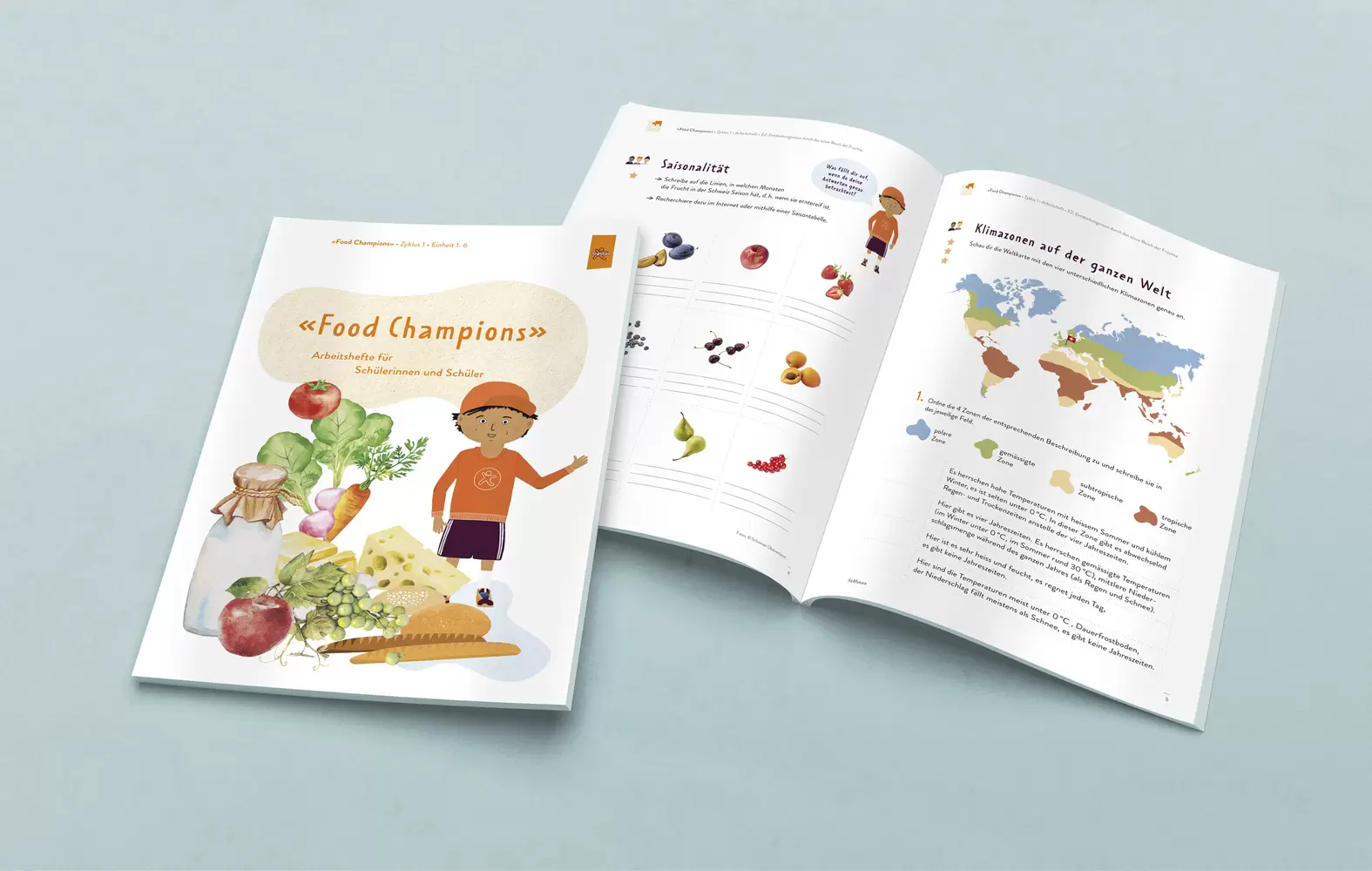 Titelseite und Innenseiten – Lehrmittel «Food Champions» von Fit4Future