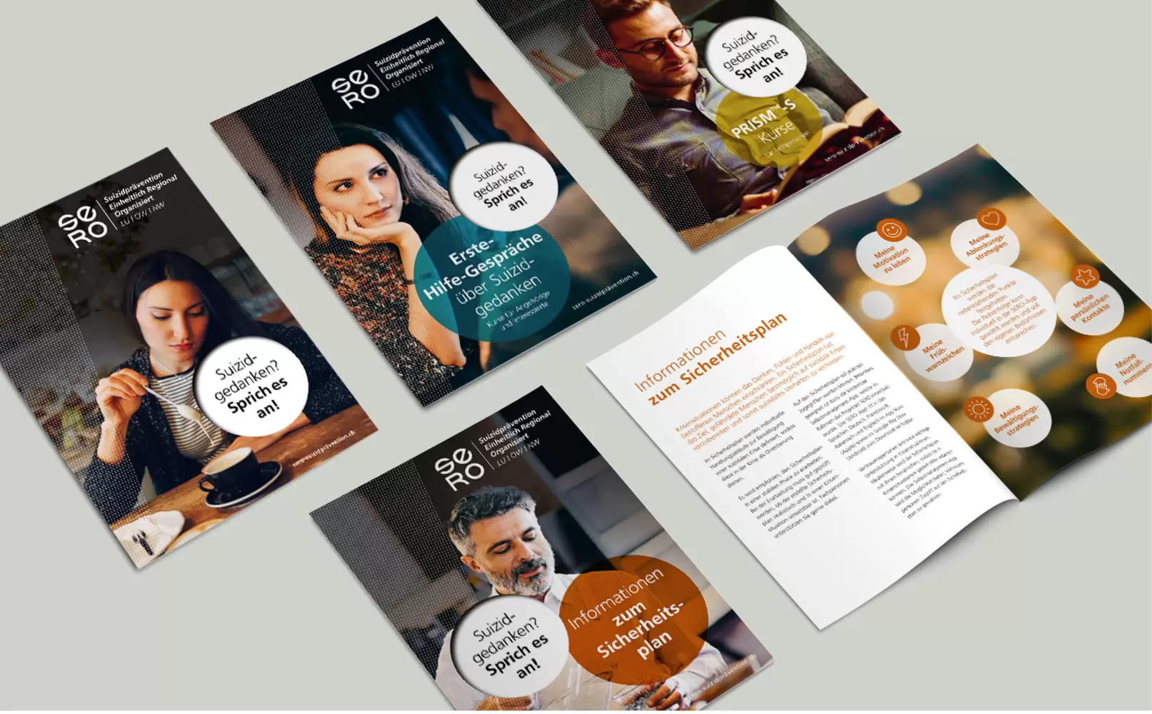 Kommunikationsunterlagen und Flyer, Titelseiten-Serie und Innenseiten – Suizid Prävention SERO
