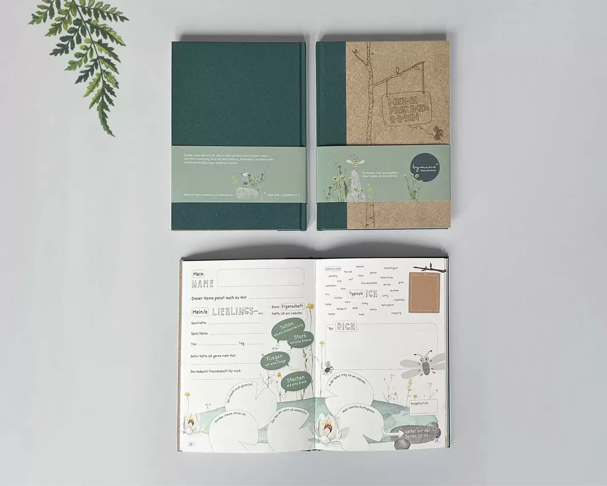 Umschlag und Gestaltung Innenseiten, Naturpapier – Das Freund:innenbuch, byminz Naturprodukte, Luzern
