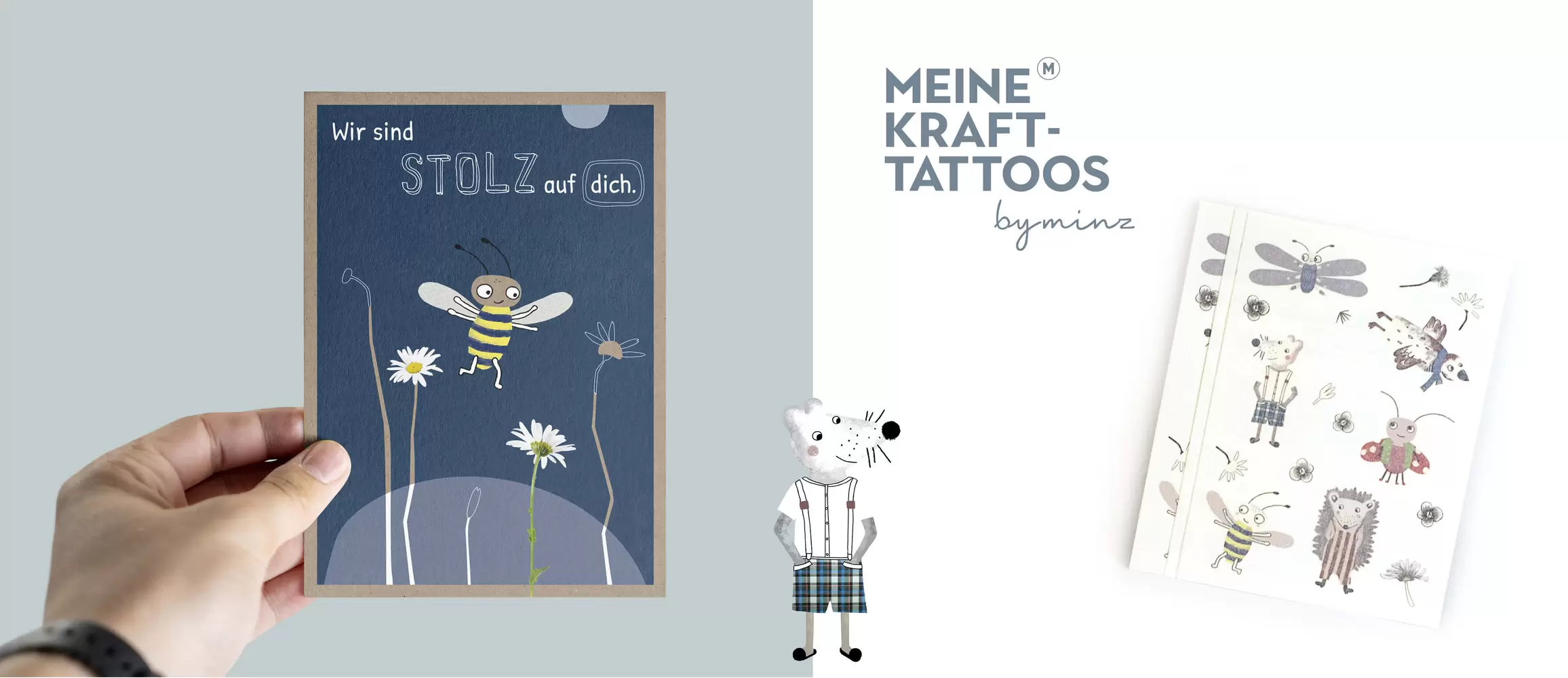 Karte, Illustration und 3 Bogen Kraft-Tattoos – Kraft-Tattoos mit Karten und Kartenhalter, byminz Naturprodukte, Luzern