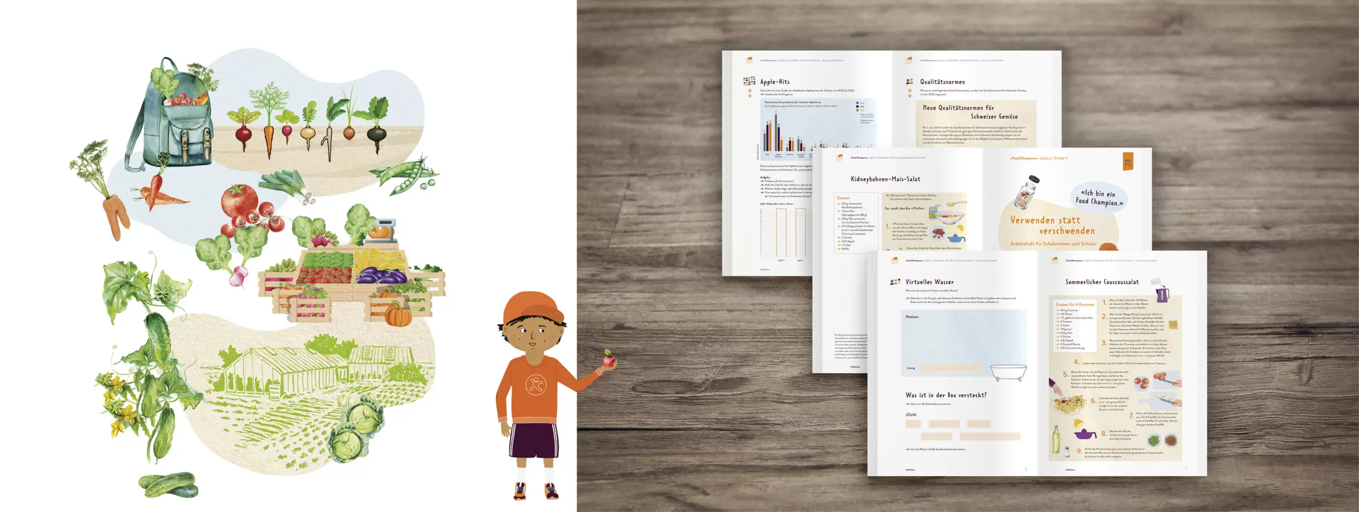 Illustrationen, Übersicht Innenseiten – Lehrmittel «Food Champions» von Fit4Future