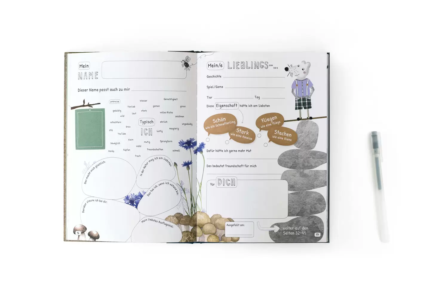 Gestaltung Innenseiten, Doppelseite pro Freund:in, Tiere, Illustrationen – Das Freund:innenbuch, byminz Naturprodukte, Luzern