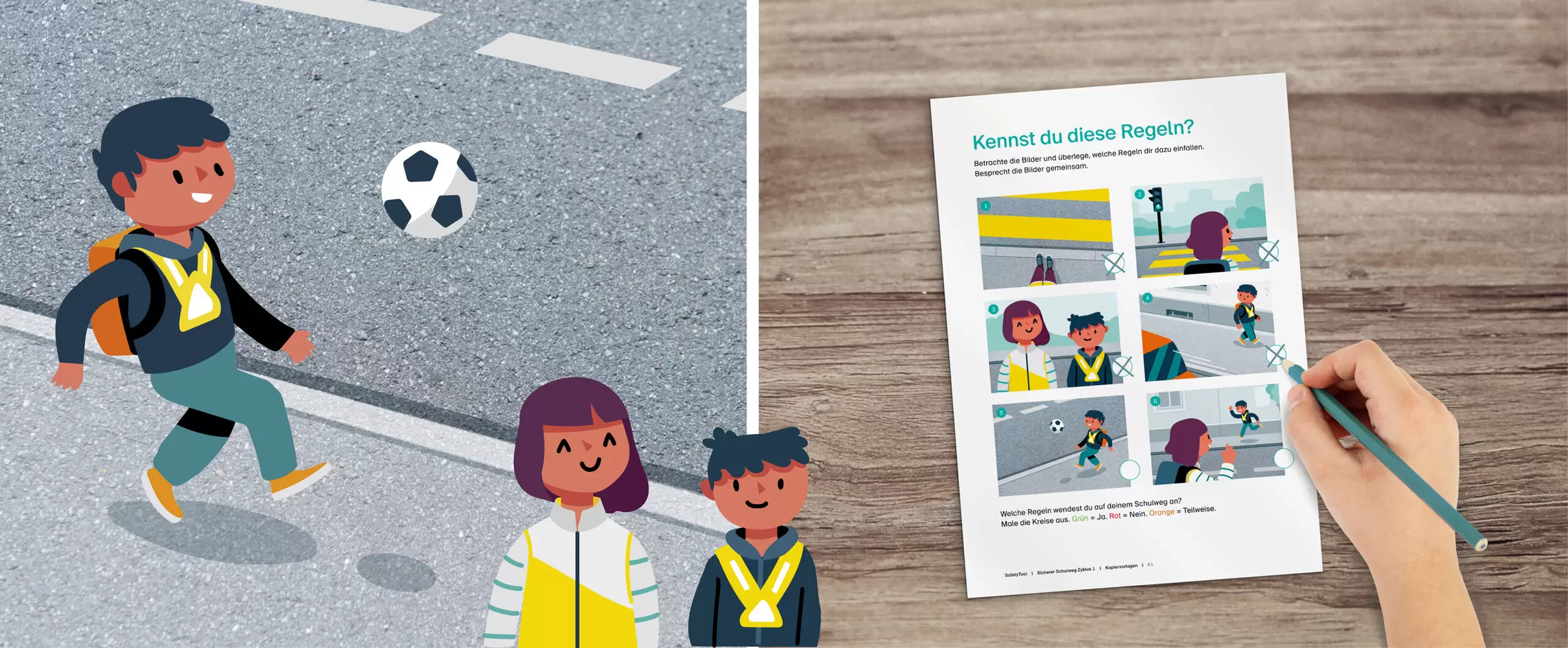 Schulweg Velo, Illustration,  Unterrichtsmaterial Arbeitsblatt – Lehrmittel-Serie «SafetyTools» der BFU
