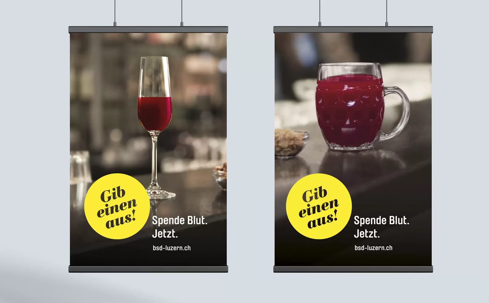 Plakatkampagne zwei Sujets an der Bar von Blutspendedienst Luzern