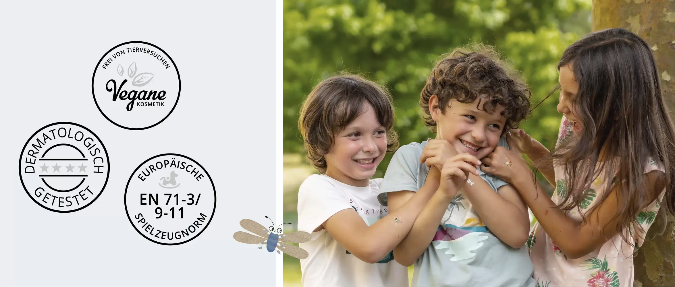 Qualitätslabel der Tattoos und Kinder mit Tattos auf Armen und Handrücken, dermatologisch getestet – Kraft-Tattoos mit Karten und Kartenhalter, byminz Naturprodukte, Luzern