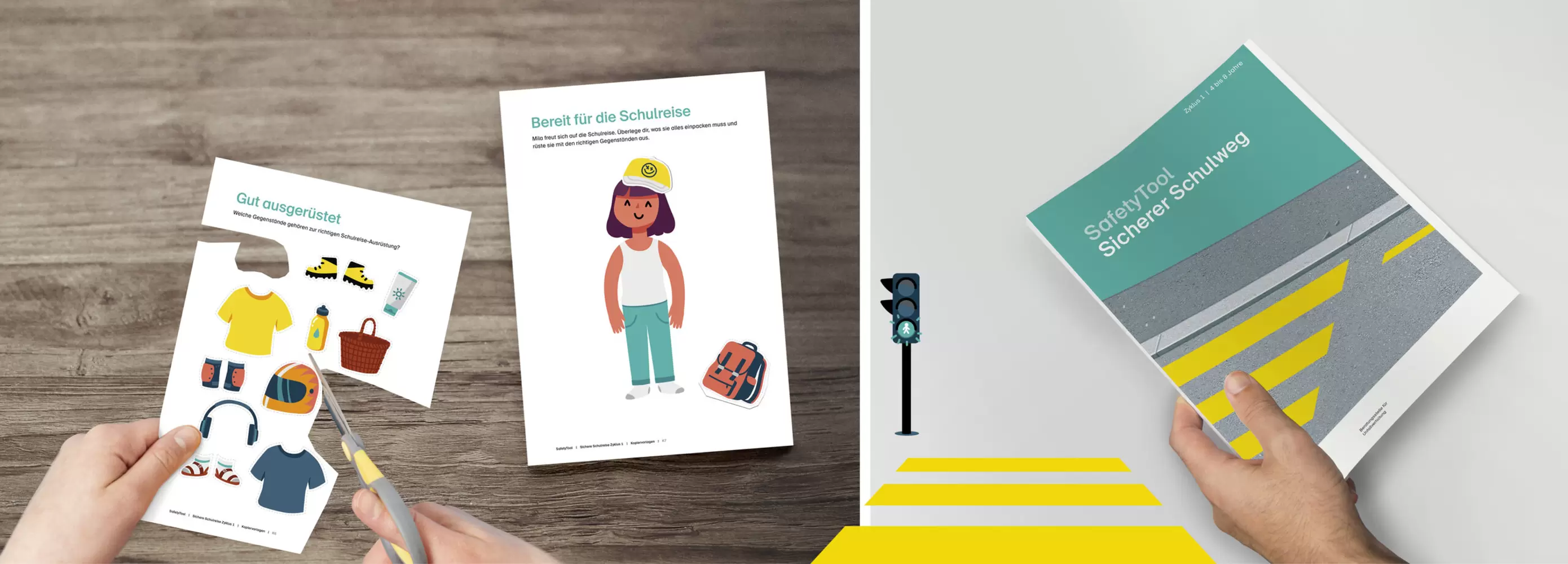 Unterrichtsmaterial, Titelseite «Sicherer Schulweg» und Illustration – Lehrmittel-Serie «SafetyTools» der BFU