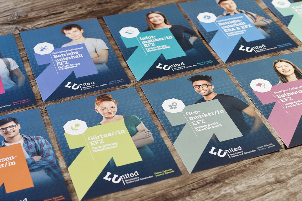 Kommunikationsunterlagen, Flyer Titelseiten – LUnited – Lehrberufe von Stadt und Gemeinden