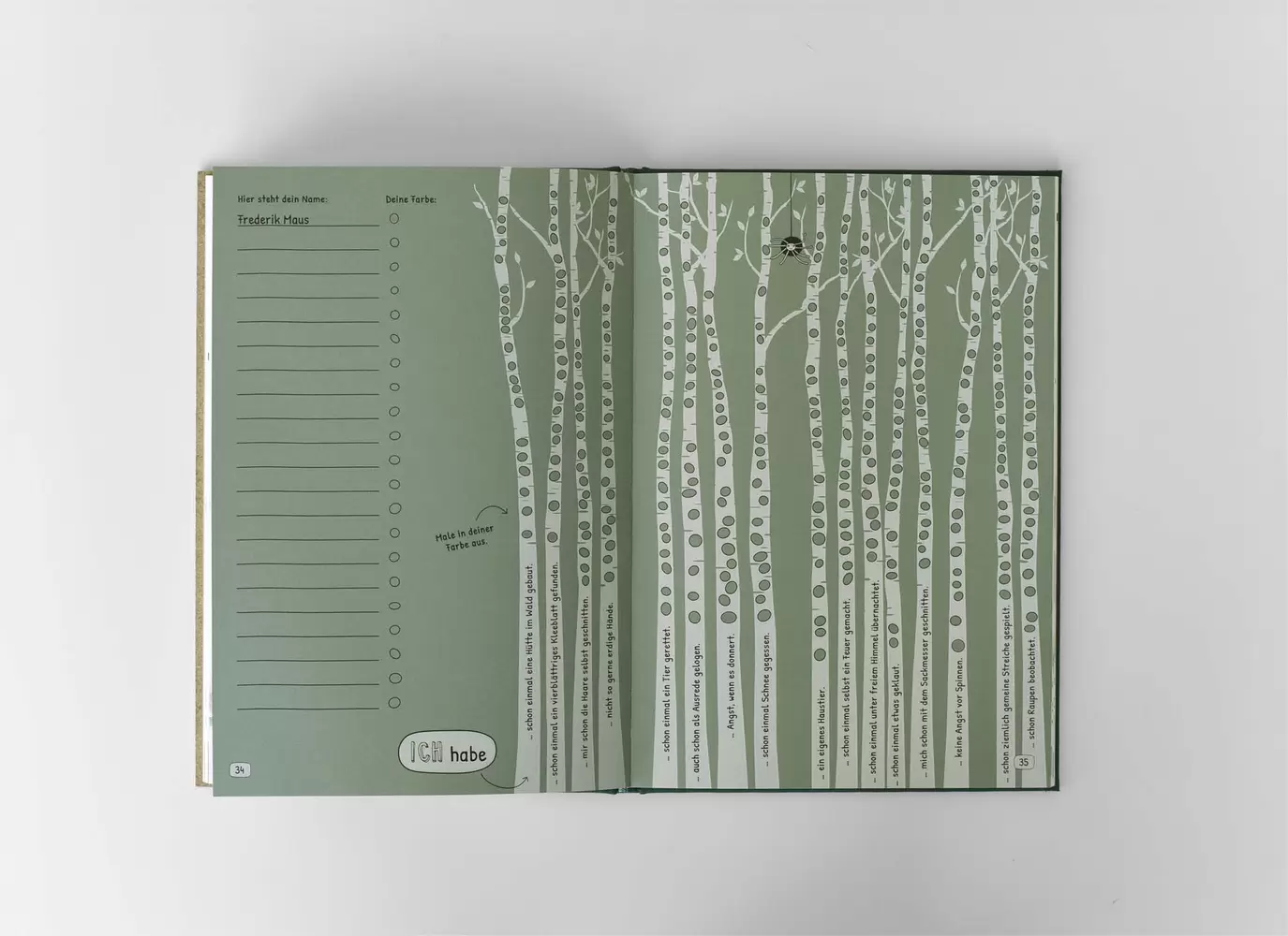 Spezialseiten für alle Freund:innen, grünes Naturpapier, Mitmachseiten – Das Freund:innenbuch, byminz Naturprodukte, Luzern
