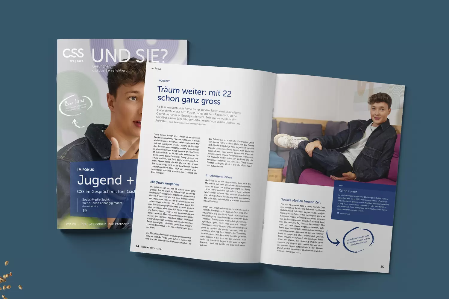 Doppelseitengestaltung Remo Forrer – CSS Kundenmagazin «CSS und Sie?»