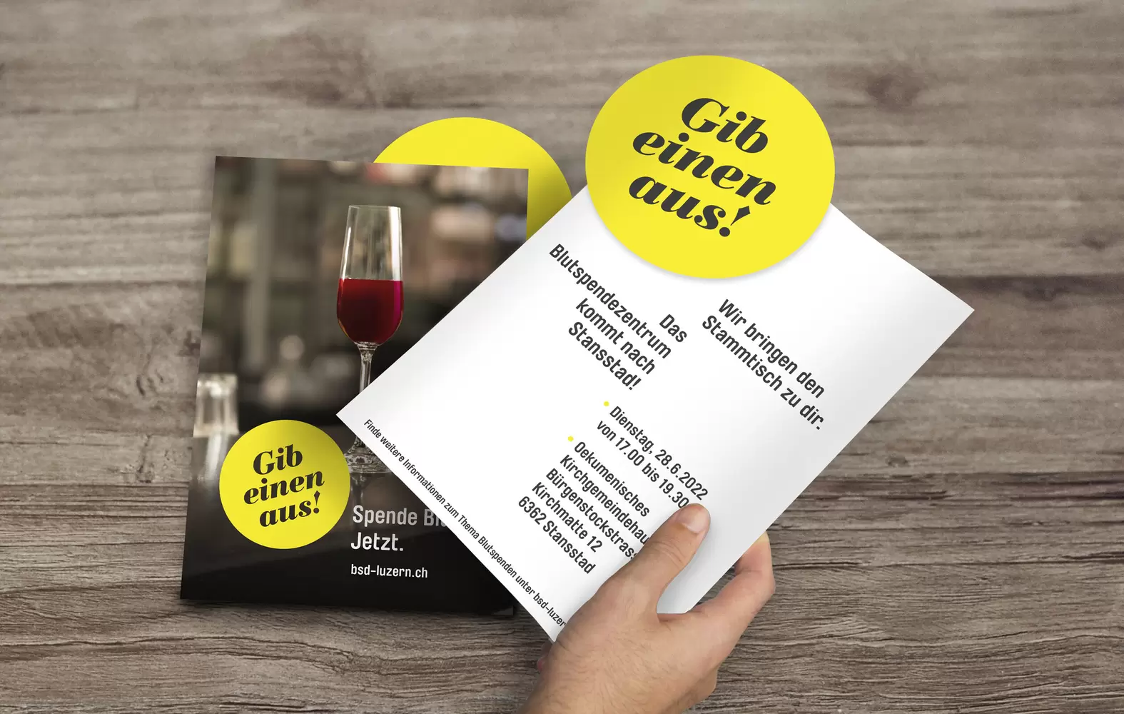 Flyer und Einladung «Gib einen aus!» – Blutspendedienst Luzern